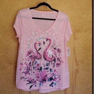 Style & Co V-Neck Flamingo Tee Shirt NEW! Size S
